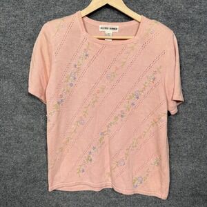 Vintage Alfred Dunner Medium Knit Top Peach 3D Flowers Shoulder Pads Grandma